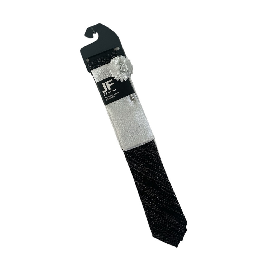 JF J. Ferrar Metallic Black, Silver and White Tie, Pocket Square and Lapel Pin